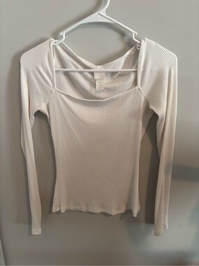 H&M White Ribbed Long-Sleeve Square Neck Top - Women